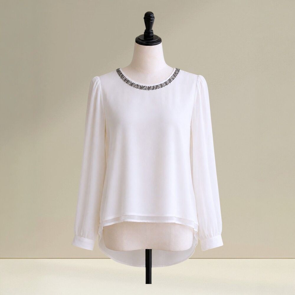 Women's Artigli Italy White Long Sleeve Blouse With Rhinestone Collar Size 44